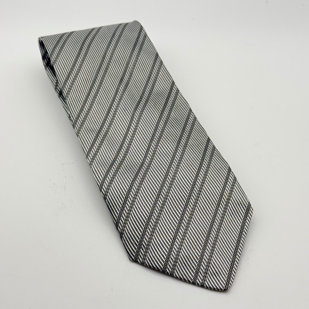 XMI for Nordstrom Mens Silk Tie Grey Silver Striped Handmade USA Italian Fabric